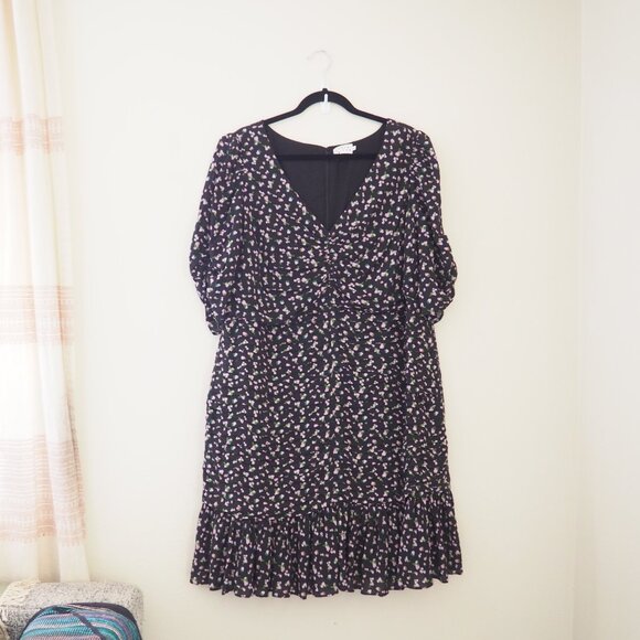 Tanya Taylor Black Floral Pansy Puff Sleeve V-Neck Ruched Flounce Silk Dress - Picture 5 of 12